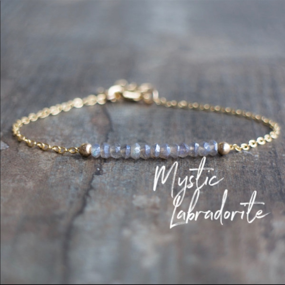 14k Mystic Labradorite Gemstone Gold Bar Bracelet